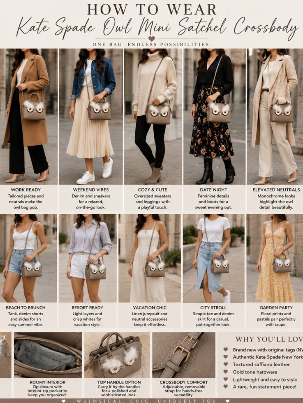 NWT Kate Spade New York Owl Mini Satchel Crossbody |Taupe Leather | Rare Novelty - Picture 2 of 9